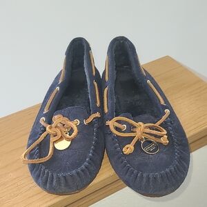 Coach Navy Antonia Moccasin Slippers with Tan Details